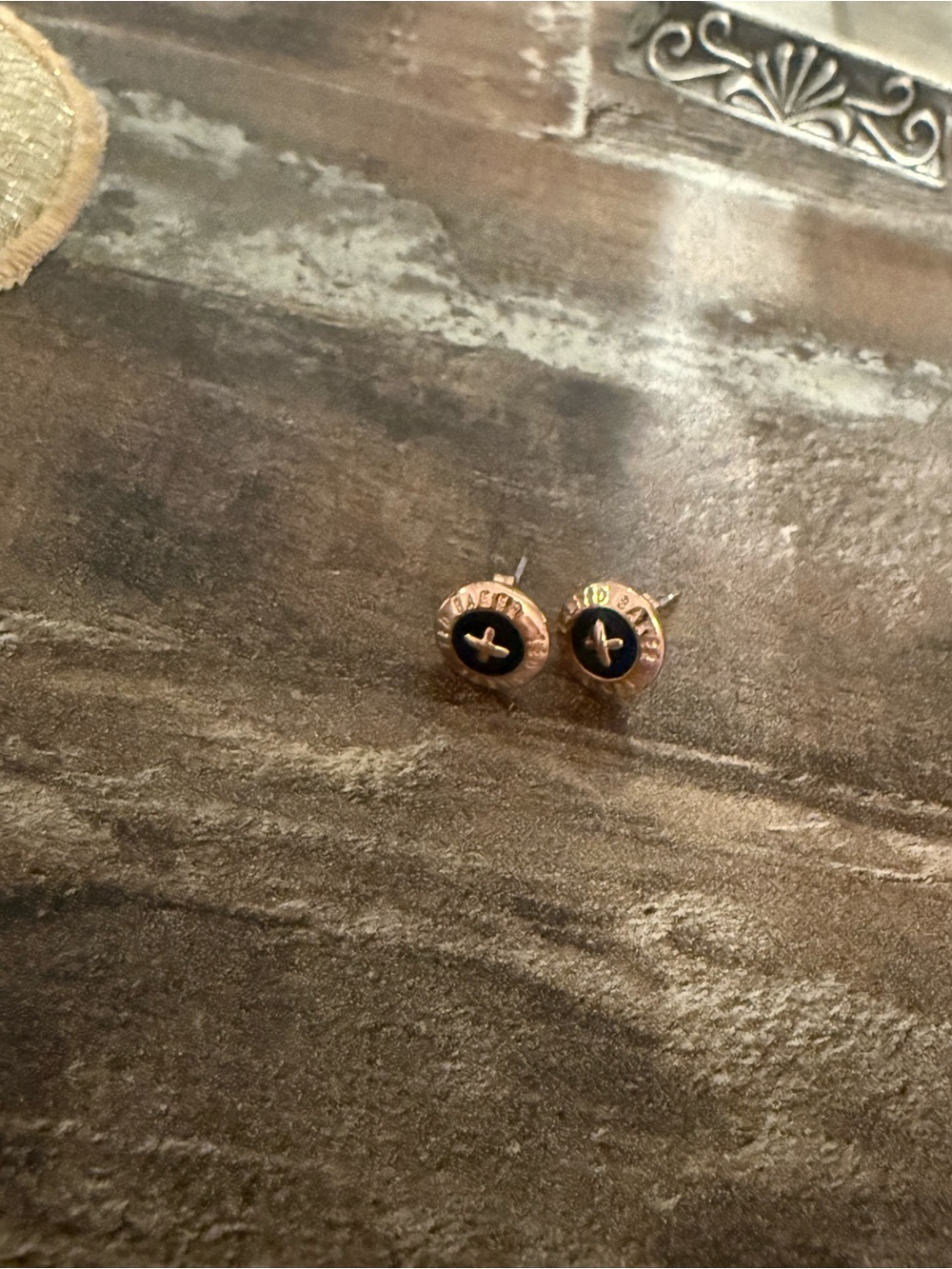Ted Baker Rose Gold and Black Cross Button Stud Earrings